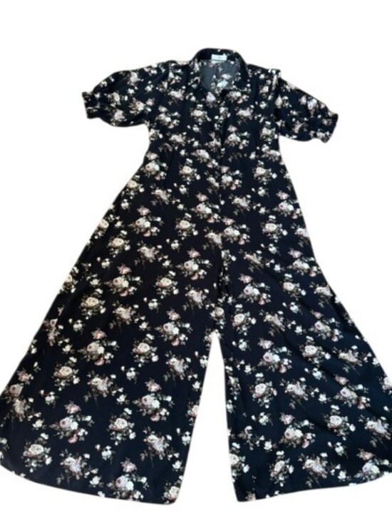NATURAL LIFE Pants - Natural Life Black Floral Wide Leg Cropped Short Sleeve Jumpsuit Large
